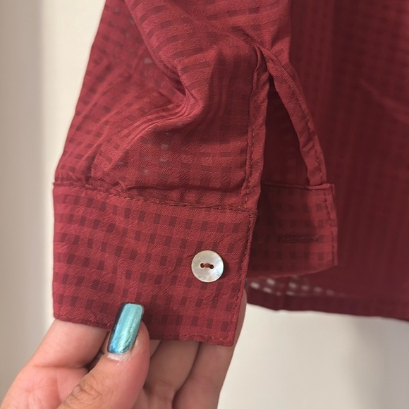 Ny Collection Petite 3/4 Sleeve Windowpane Blouse Wine NWT Size Small - Picture 11 of 14